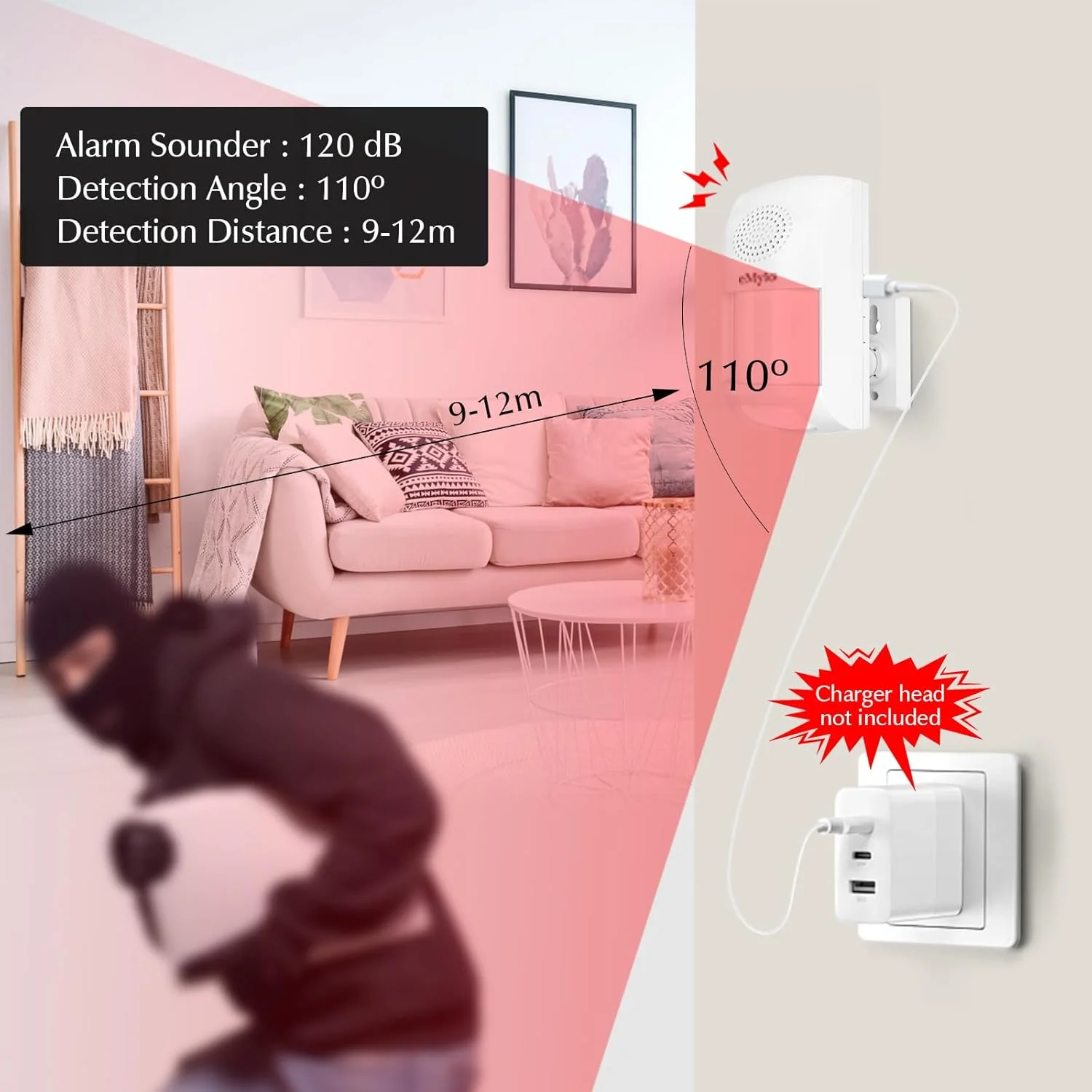 آلارم سنسور حرکتی eMylo، سیستم آلارم امنیتی خانه با سنسور حرکتی، سنسور مادون قرمز داخلی، زنگ درب قابل حمل، آلارم برای سرقت، امنیت، برای خانه و مراکز خرید (با منبع تغذیه USB)