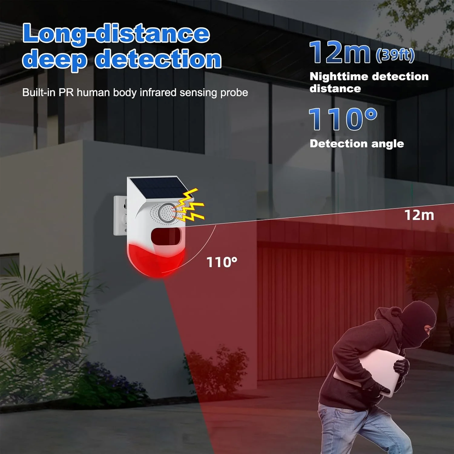 آلارم حسگر حرکتی خورشیدی پپیسکی، سیستم امنیتی چراغ های چشمک زن LED با صدای بلند 120dB، مناسب فضای باز با فاصله سنجش قابل تنظیم، ضد آب IP65 برای مزرعه