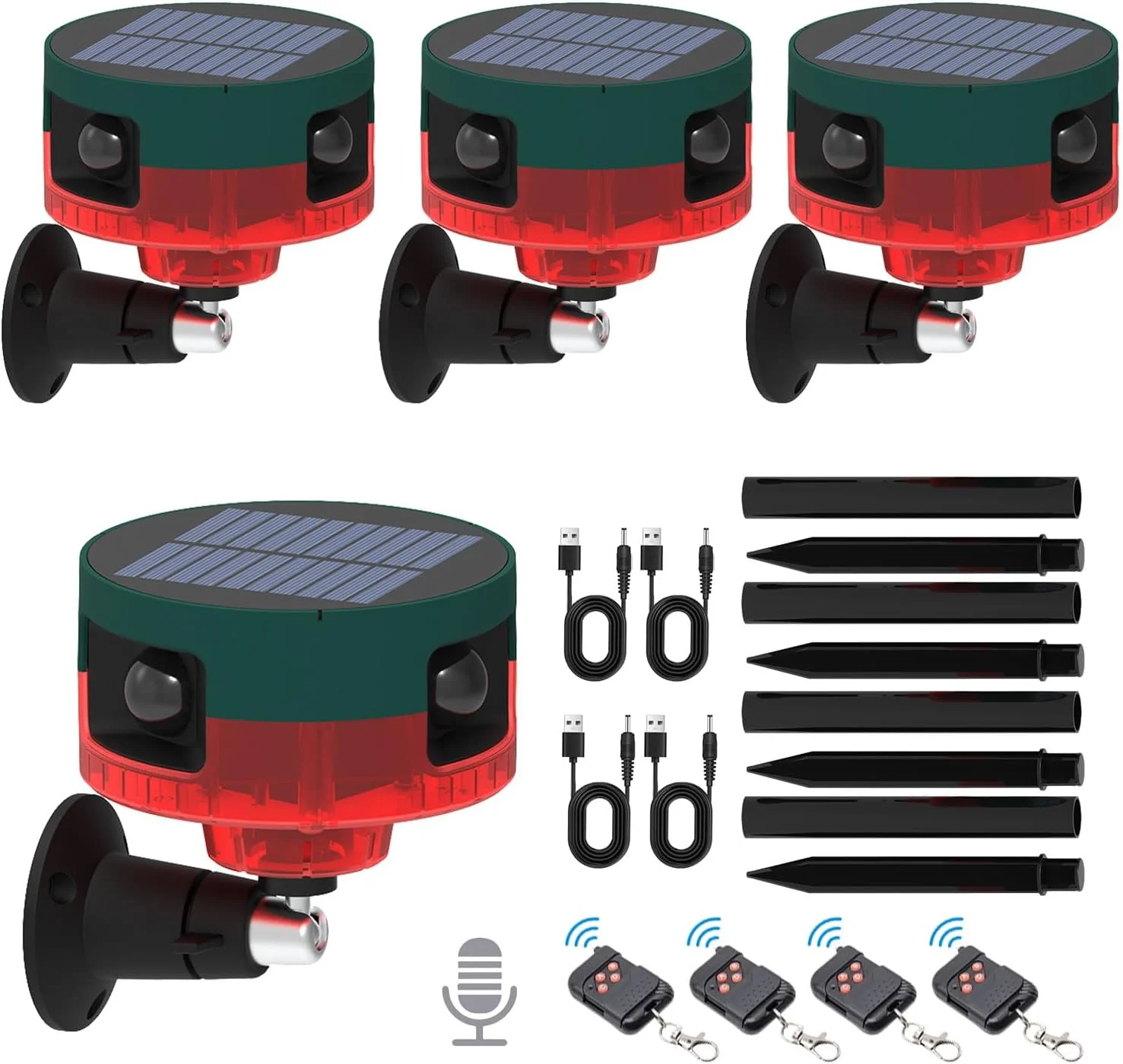آلارم حسگر حرکتی خورشیدی فضای باز، آلارم تشخیص حرکت 360 درجه با آژیر امنیتی 130db با قابلیت ضبط صدا، 13 صدا دو حالت نور بارق خورشیدی برای خانه و مزرعه 4 عددی
