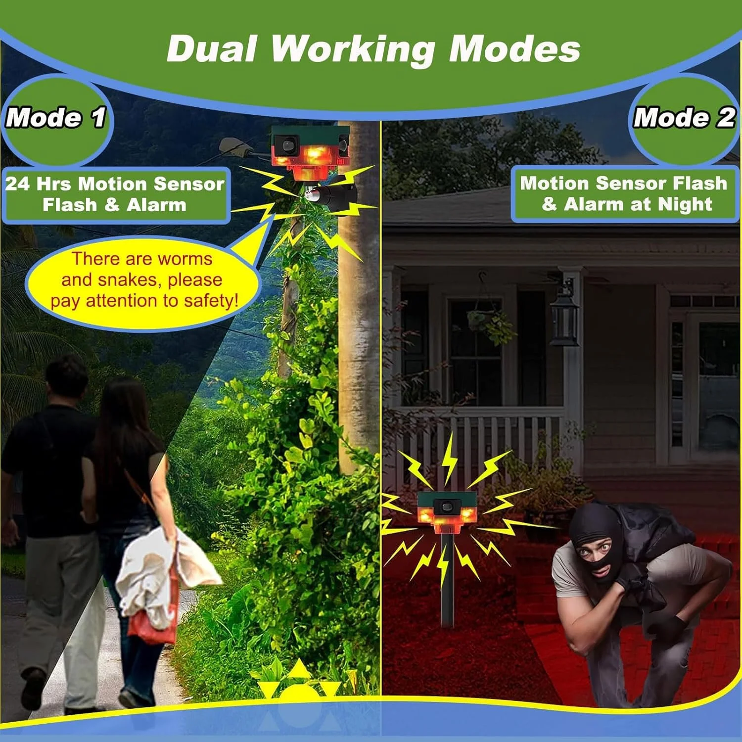 آلارم حسگر حرکتی خورشیدی فضای باز، آلارم تشخیص حرکت 360 درجه با آژیر امنیتی 130db با قابلیت ضبط صدا، 13 صدا دو حالت نور بارق خورشیدی برای خانه و مزرعه 4 عددی