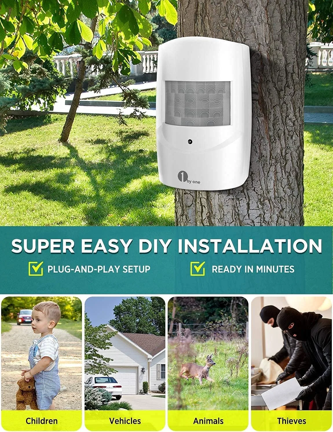 آلارم بی سیم درب منزل 1 BY ONE، آلارم حسگر حرکتی با برد 000 فوت، زنگ های فوق العاده بلند، سیستم آلارم امنیتی خانه با حسگر مادون قرمز ضد آب برای محافظت از اموال داخلی/خارجی