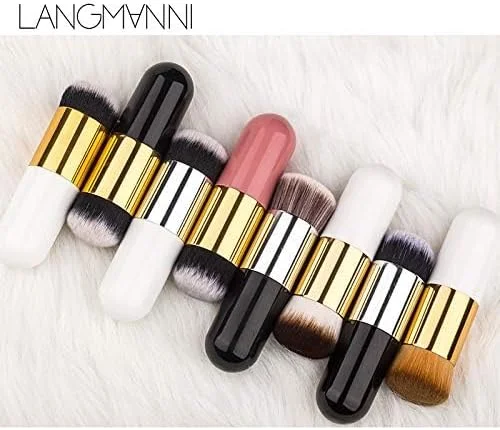 براش کرم پودر کوتاه و پهن LANGMANNI: ابزار آرایشی سر گرد نقره ای برای کرم پودر و بی بی کرم (طلای پودری)