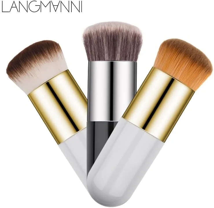 براش کرم پودر کوتاه و پهن LANGMANNI: ابزار آرایشی سر گرد نقره ای برای کرم پودر و بی بی کرم (طلای پودری)