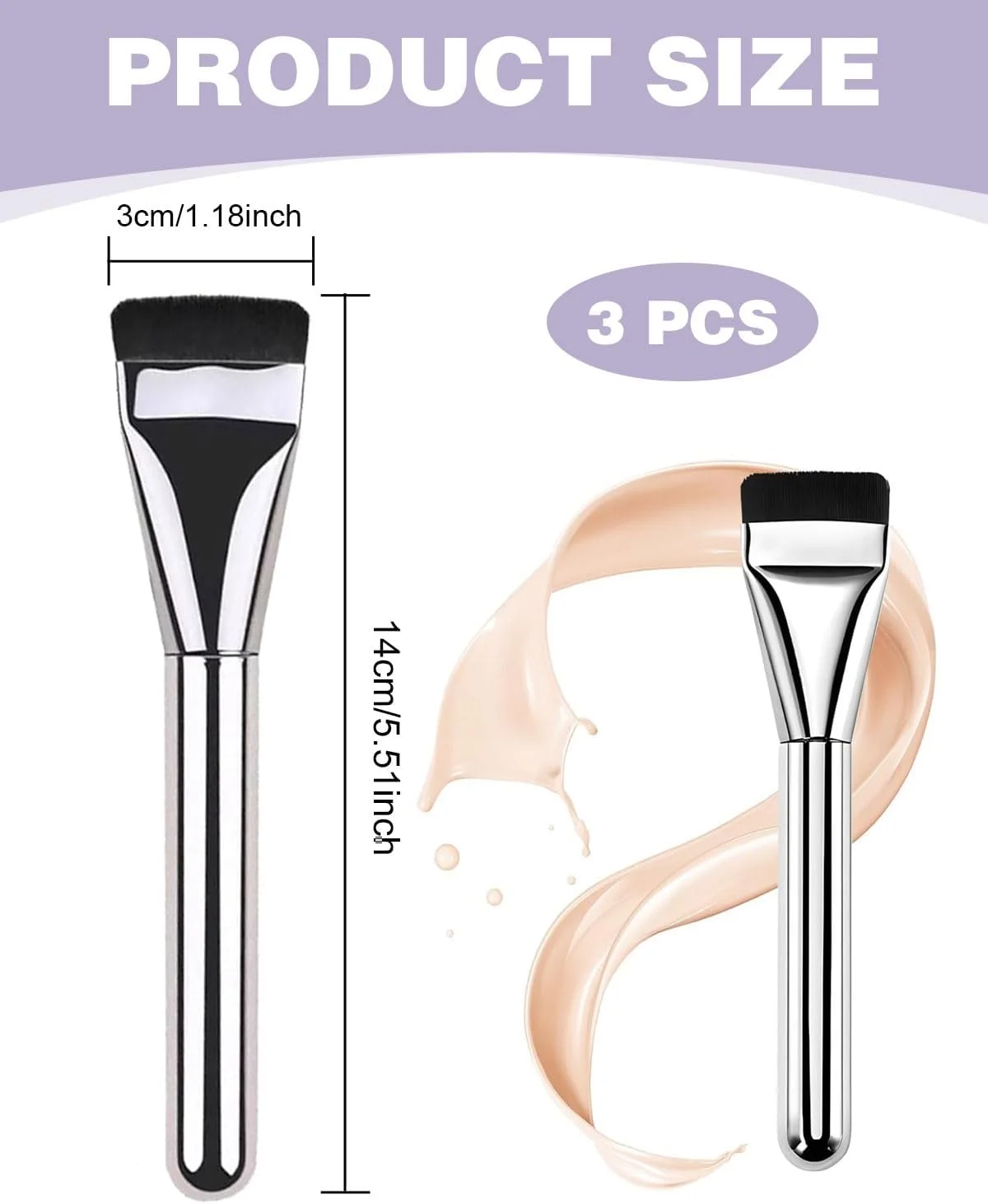 براش کرم پودر فوق العاده نازک KEMUZ، براش آرایشی کرم پودر، براش تخت کرم پودر، براش کانسیلر آرایشی، برای کرم پودر کرمی، پودری یا مایع (صورتی + بنفش + نقره ای)
