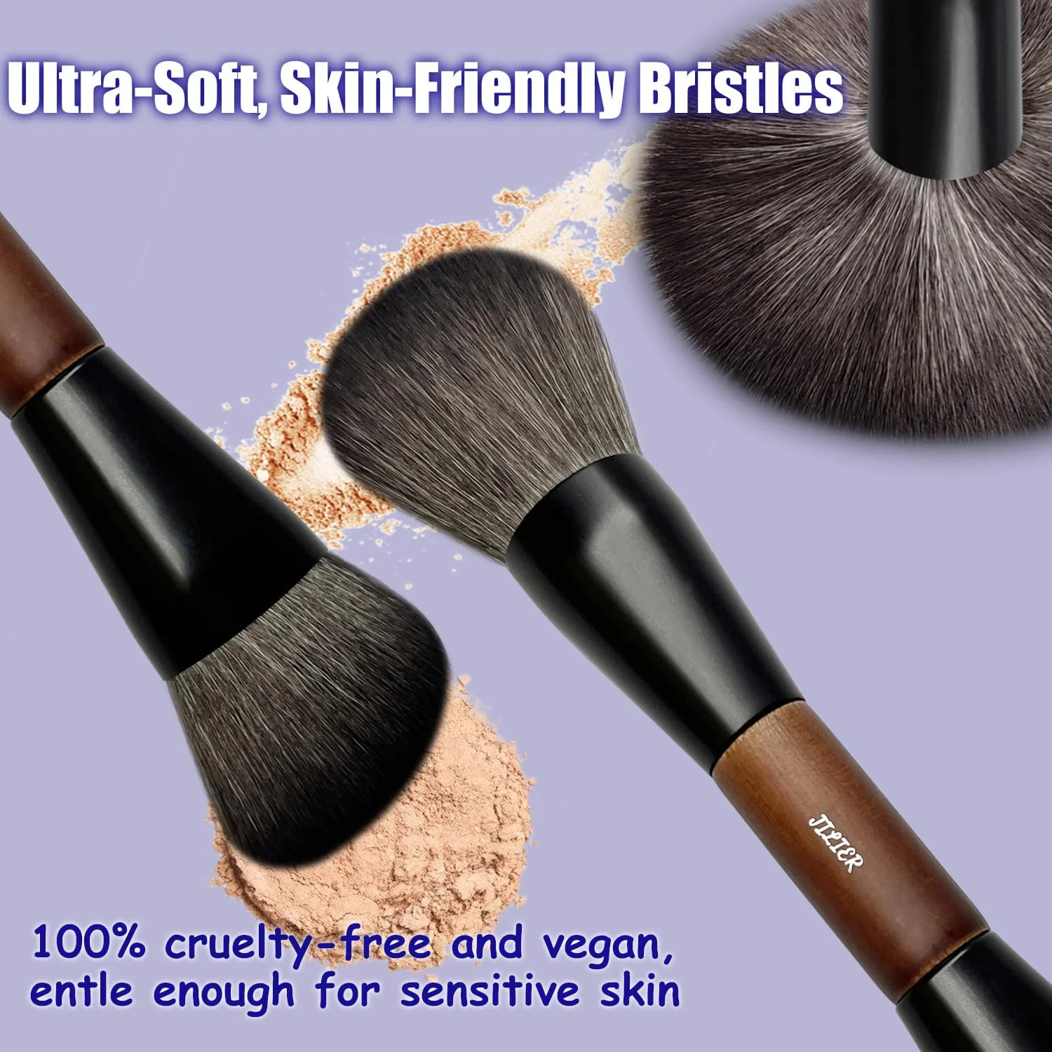 براش پودر رژگونه دو طرفه JILIER، براش برنزر و هایلایتر دوگانه، براش کانتور فونداسیون، برای مایع، کرم، پودر، ترکیب کردن، پرداخت کردن - موهای نرم و لطیف، دسته چوبی طبیعی براش های آرایشی