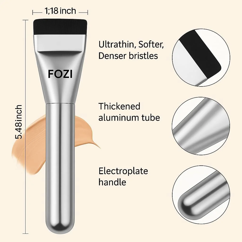 براش کرم پودر فوق العاده نازک FOZI Beauty - ابزار آرایشی تخت و سبک برای ترکیب یکپارچه، بدون ایجاد رد - ایده آل برای کرم پودر مایع و کرمی - کیفیت حرفه ای