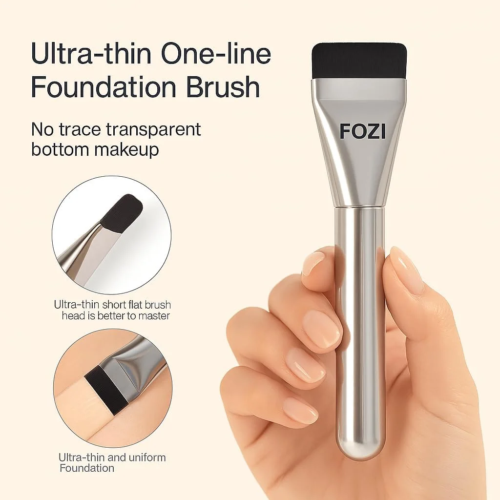 براش کرم پودر فوق العاده نازک FOZI Beauty - ابزار آرایشی تخت و سبک برای ترکیب یکپارچه، بدون ایجاد رد - ایده آل برای کرم پودر مایع و کرمی - کیفیت حرفه ای