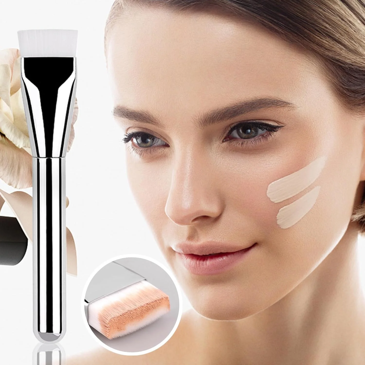براش کرم پودر، براش سر صاف، کاردک کرم پودر مایع، پد کانسیلر فوق العاده نازک، ابزار آرایش حرفه ای برای پخش کردن، ترکیب کردن، کرم صورت، پودر