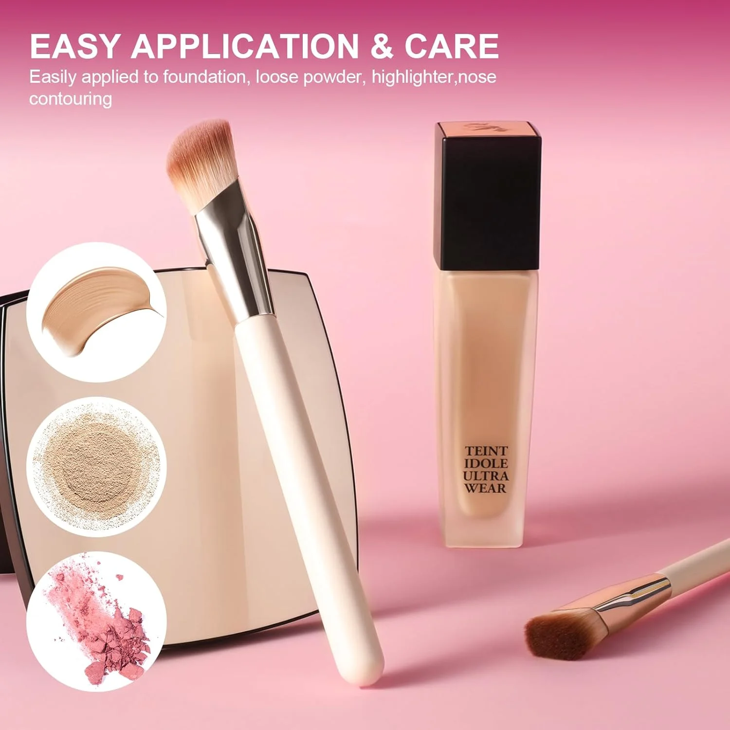 براش کرم پودر زاویه دار برای مایع، براش کانتور زاویه ای 16.2 سانتی متر / 6.4 اینچ، براش های آرایشی کابوکی با موهای مصنوعی نرم و متراکم برای صورت، مناسب برای مایع، ترکیب، کانتورینگ، برنزر، کرم BB، ترکیب (صورتی)