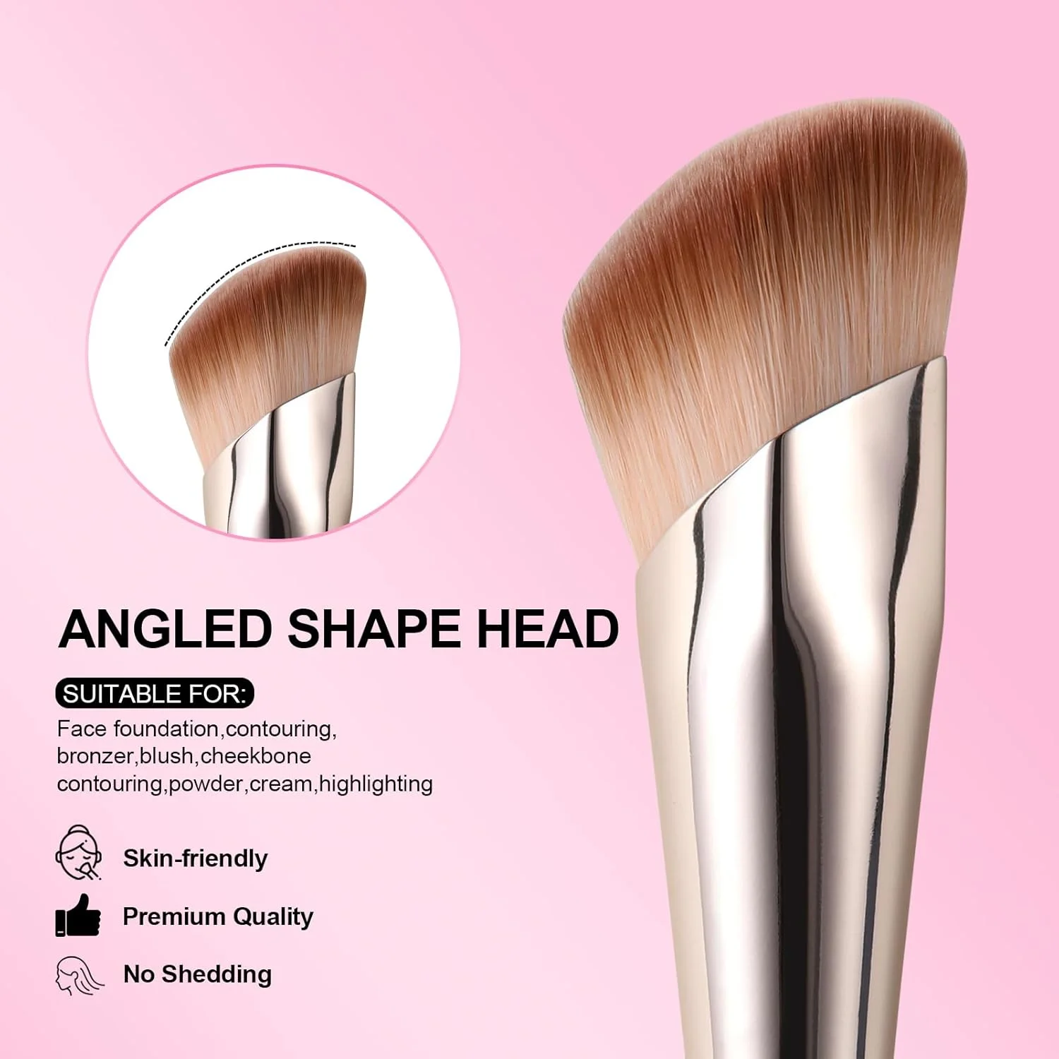 براش کرم پودر زاویه دار برای مایع، براش کانتور زاویه ای 16.2 سانتی متر / 6.4 اینچ، براش های آرایشی کابوکی با موهای مصنوعی نرم و متراکم برای صورت، مناسب برای مایع، ترکیب، کانتورینگ، برنزر، کرم BB، ترکیب (صورتی)