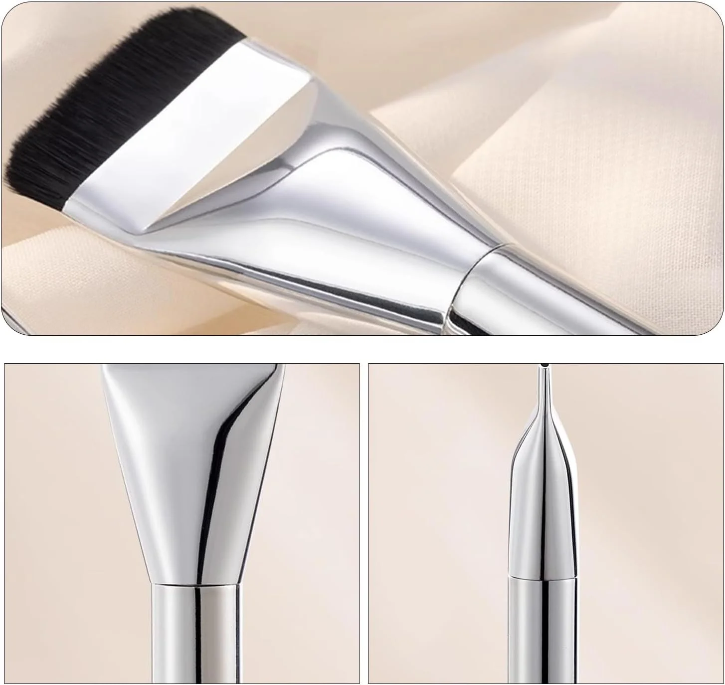 ست 2 عددی براش کرم پودر فوق العاده نازک با پرزهای نرم و مصنوعی، براش های آرایشی تخت و دقیق برای کرم پودر، کانسیلر، مناسب برای داشتن آرایشی صاف و بی نقص (نقره ای)