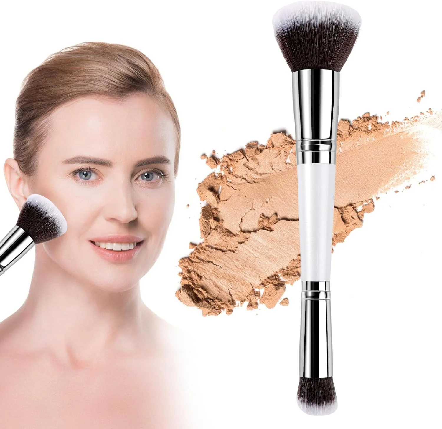 براش رژگونه و کرم پودر - براش کانتور دو سر 2 در 1، براش ترکیب پودر صورت برای فرم دهی، هایلایت، کانتورینگ کرم، رژگونه، کرم پودر مایع، کانسیلر، پرایمر آرایشی