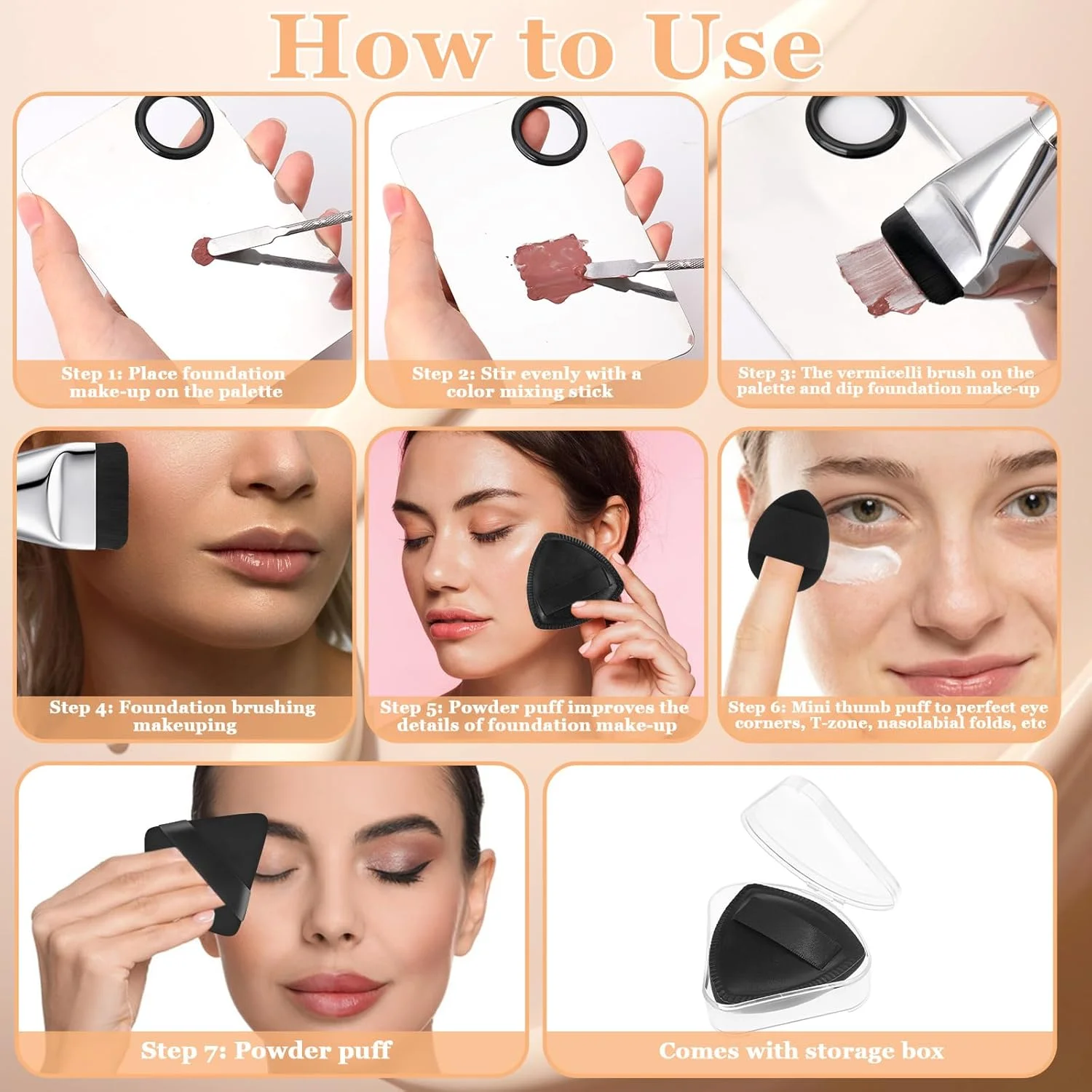 ست برس تخت کرم پودر 8 تکه به همراه پالت ترکیب آرایش و پد آرایشی برای کرم پودر مایع و کرمی ست برس تخت کرم پودر 8 تکه به همراه پالت ترکیب آرایش و پد آرایشی برای کرم پودر مایع و کرمی