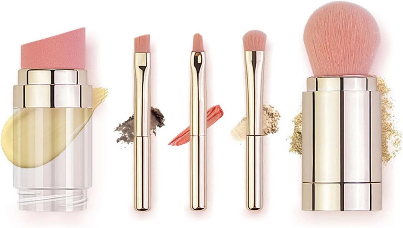 براش کرم پودر، براش آرایشی 5 در 1 با موهای نرم برای لب، ابرو، مناسب بانوان و استفاده در دفتر (روکش طلایی)