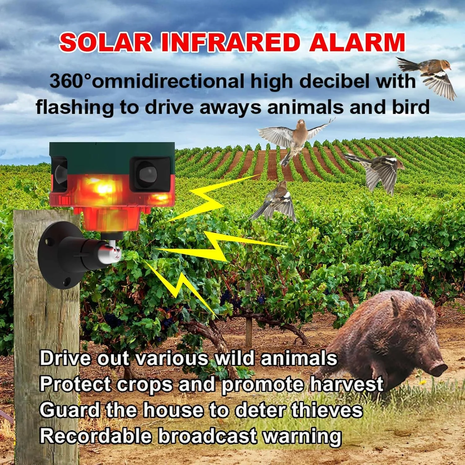 آلارم سنسور حرکتی فضای باز، آلارم فعال شده با تشخیص حرکت خورشیدی با 13 نوع صدا و نور بارق، سیستم هشدار امنیتی برای مزرعه، انبار، ویلا