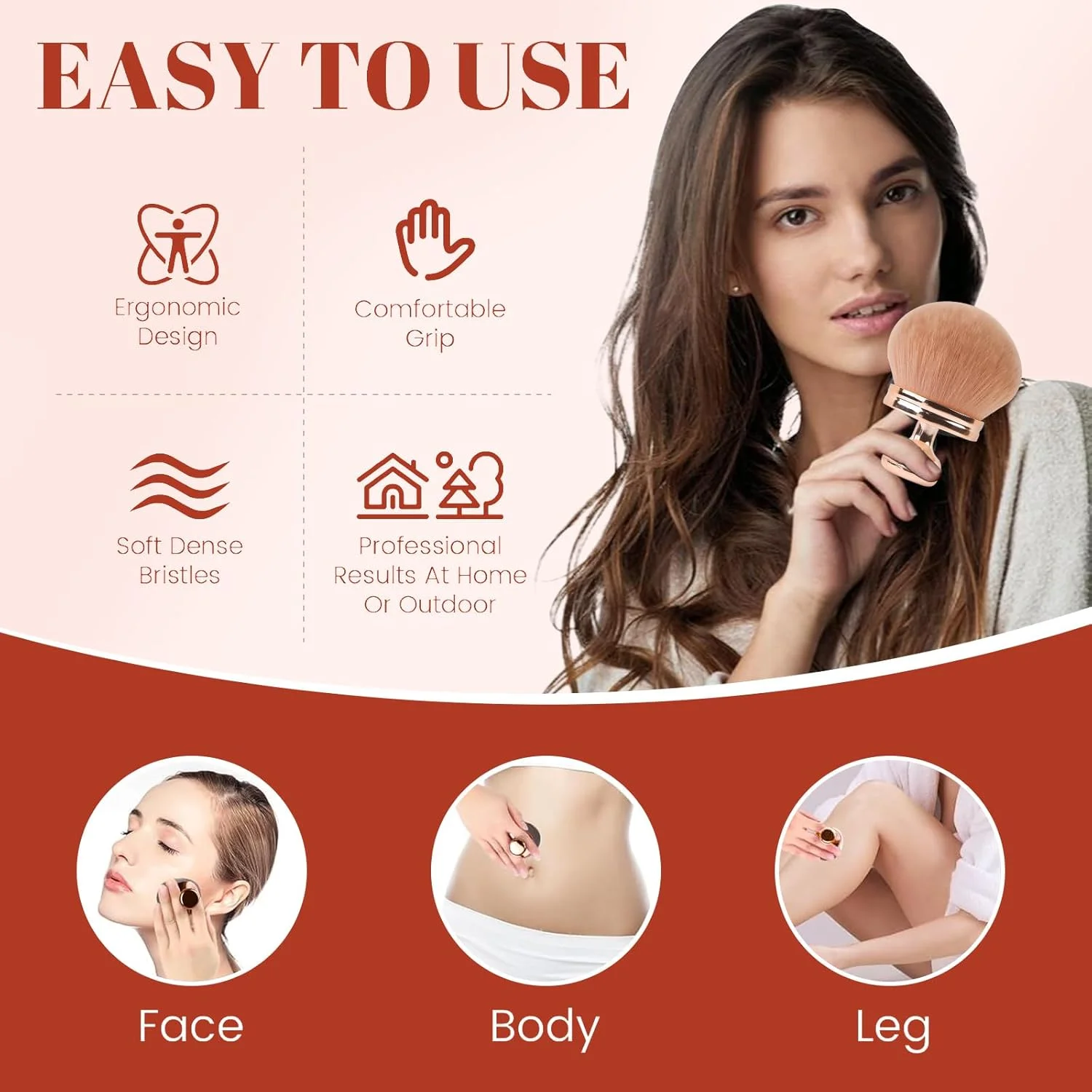 براش آرایشی بدن Fjquamitix برای ترکیب و محو کردن برنزه کننده و آرایش بدن، براش پهن 2.95 اینچی برای صورت، پاها، بدن، پودر، کرم و فونداسیون (رزگلد روشن)