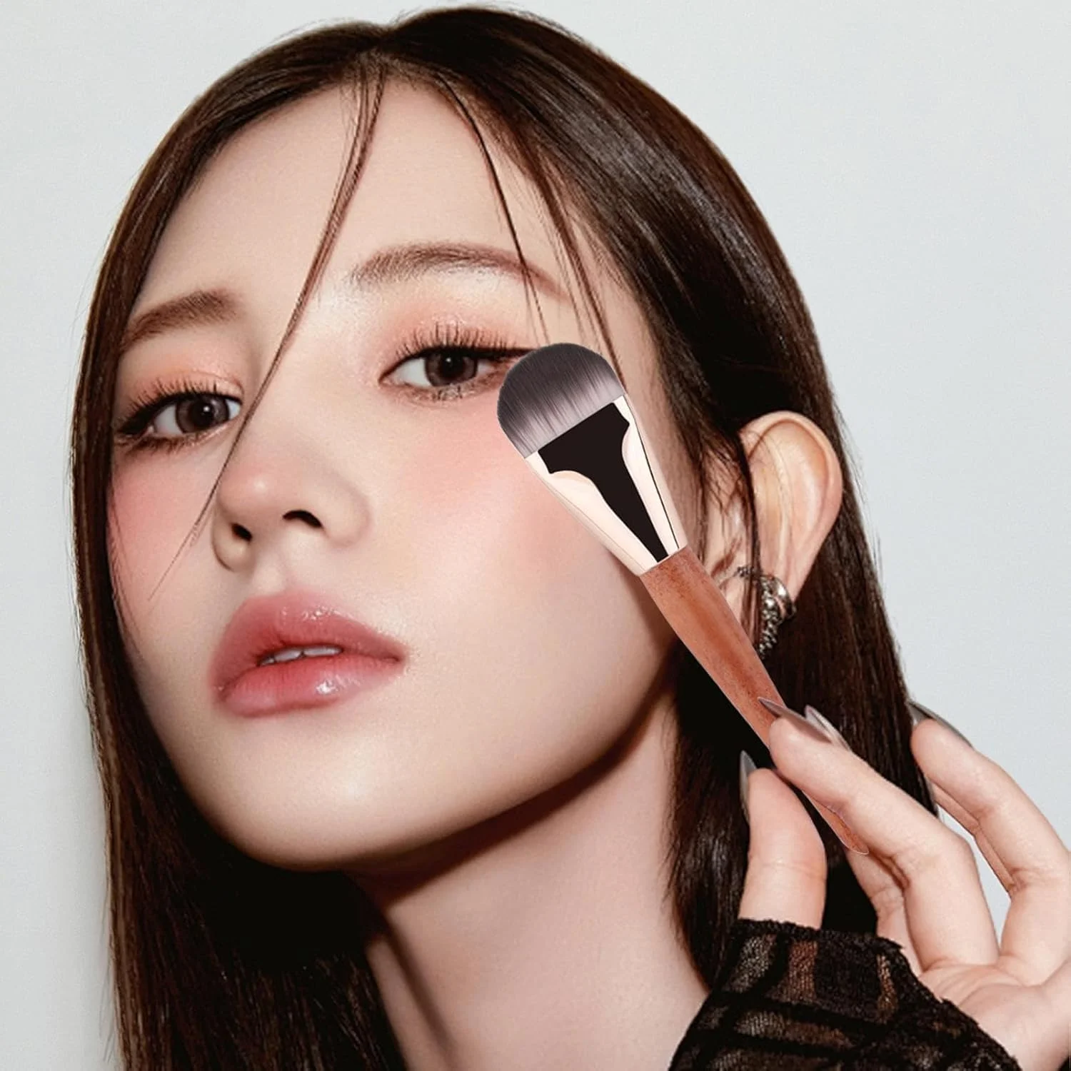 براش فلت کرم پودر - براش فوق العاده نازک کرم پودر مایع برای صورت - موهای نرم، اپلیکاتور دسته چوبی قابل حمل برای ترکیب کرم، پخش پودر، لوازم آرایشی