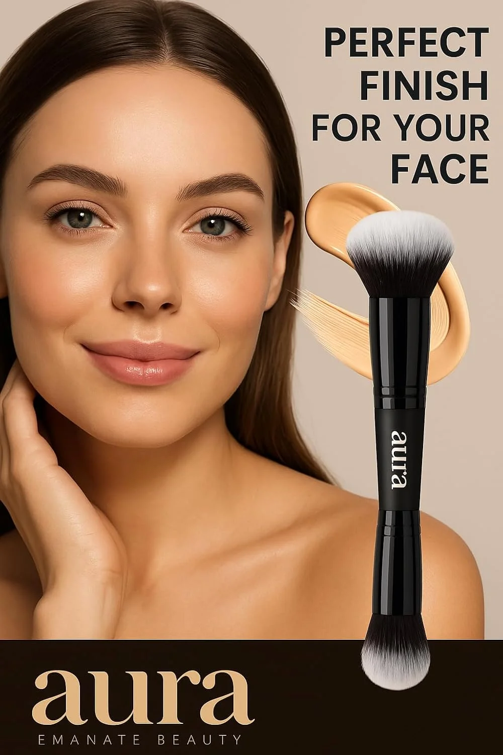 براش آرایشی دو طرفه Aura، براش حرفه ای کرم پودر و پودر، دسته مشکی براش آرایشی دو طرفه Aura، براش حرفه ای کرم پودر و پودر، دسته مشکی