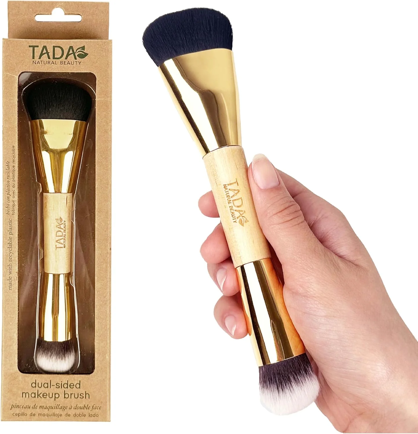 براش آرایشی دو سر TADA Natural Beauty، براش کابوکی برای رژگونه، پودر و کرم پودر مایع، مناسب مسافرت، بلندر آرایشی برای پایانی بی نقص، دسته چوبی