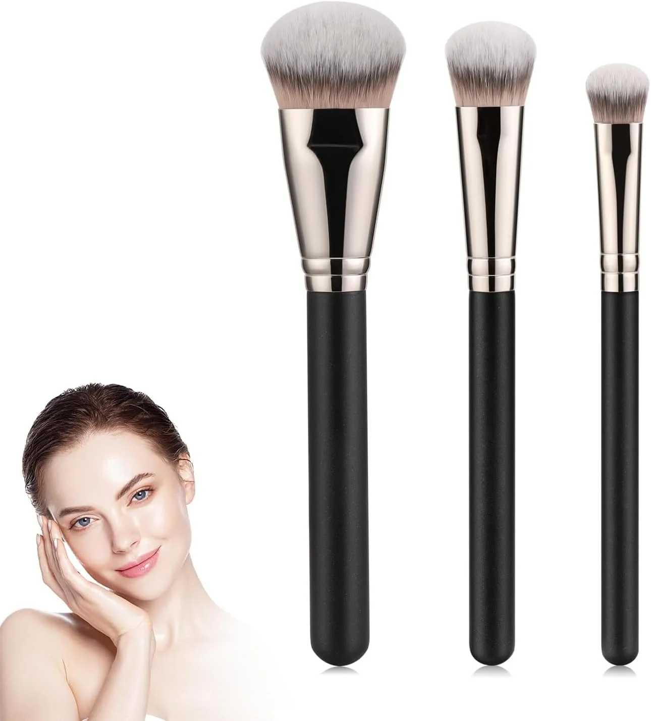 ست برس آرایشی، برس کرم پودر کانسیلر با دسته چوبی، برس رژگونه، ایده آل برای ترکیب، پرداخت مایع، پودر، کرم پودر، کرم، کانسیلر