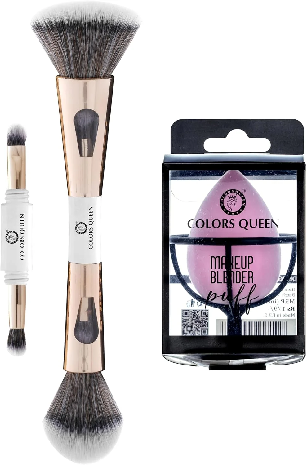 براش آرایشی 4 در 1 Colors Queen به همراه پد اسفنجی | براش آرایشی با موهای نرم و لطیف برای خانم ها | پد اسفنجی آرایشی قابل استفاده مجدد | براش مناسب برای کرم پودر، پودر و سایه چشم