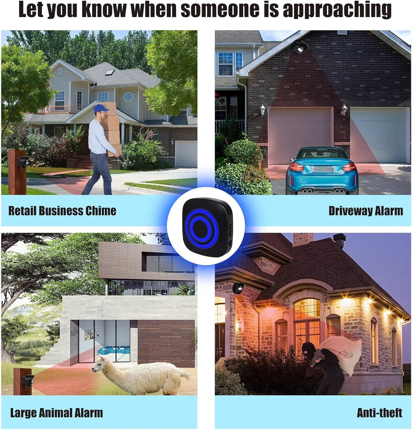 آلارم درب ورودی MAKINGTEC، برد بلند 100 متری، آلارم بی‌سیم درب ورودی، حسگر حرکتی ضد آب و هوا، هشدار امنیتی، محافظت از اموال بیرونی/داخلی (1 گیرنده و 2 حسگر - 38 زنگ)