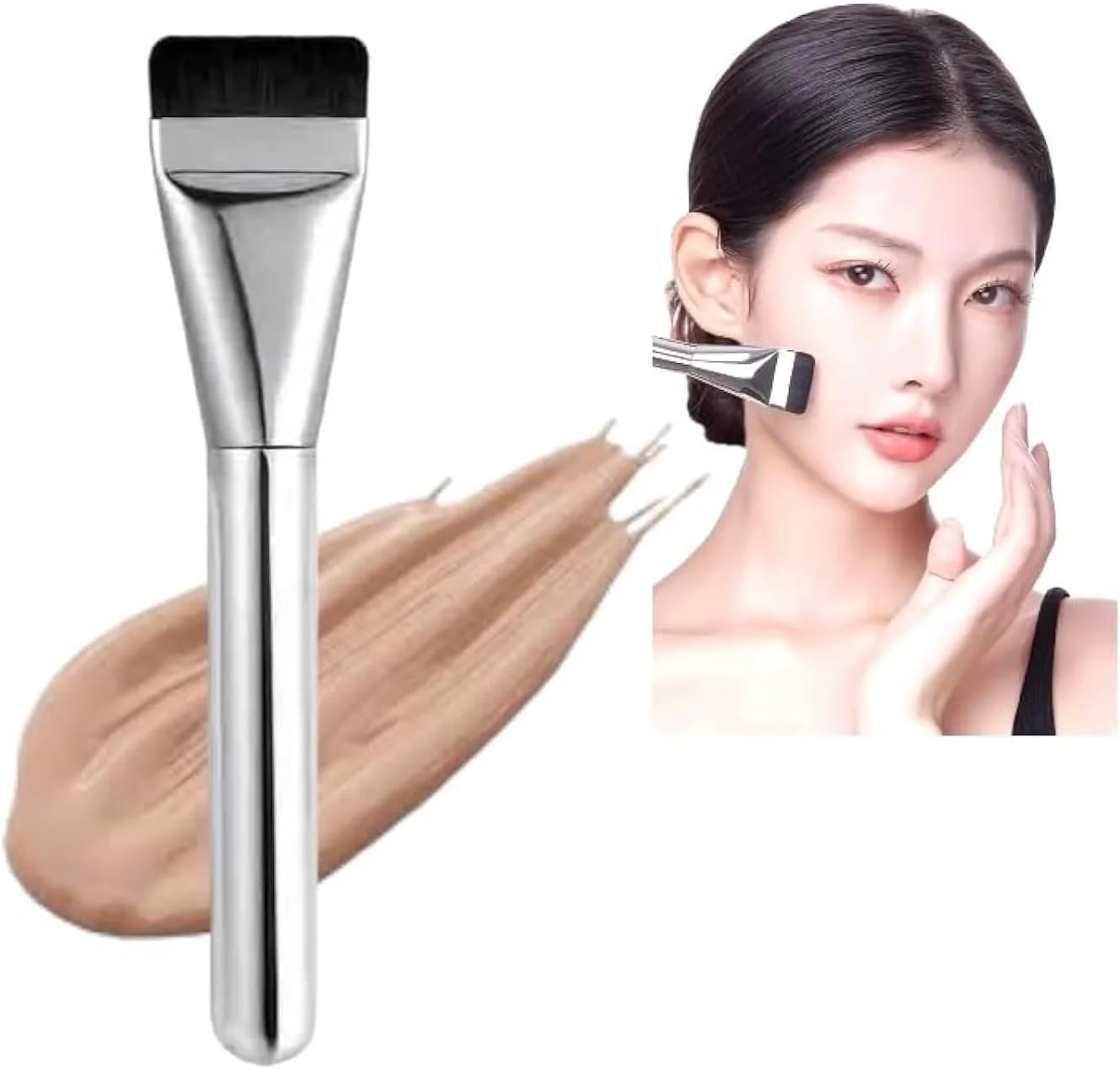 براش آرایشی کرم پودر bold&beautiful، موهای مصنوعی، براش کرم پودر مایع تخت و نازک بسیار ظریف و با کیفیت