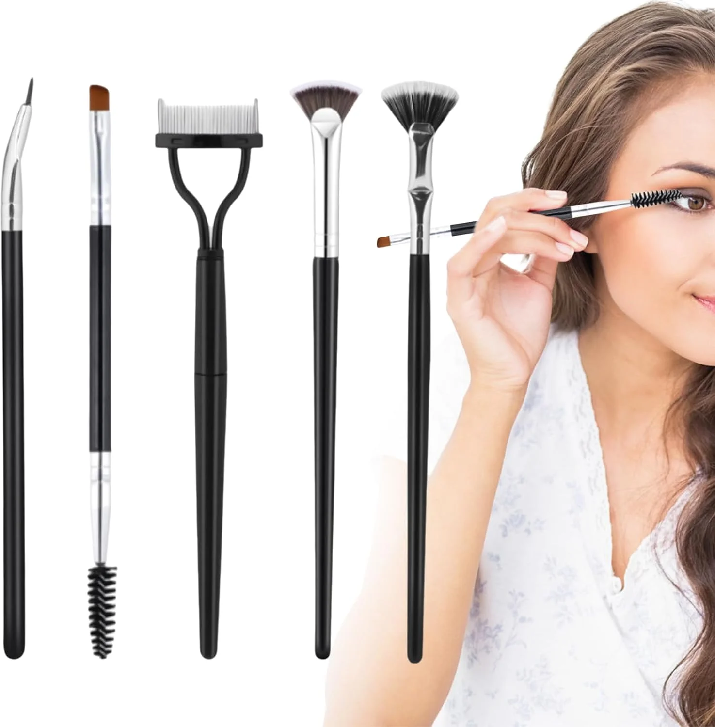 بسته 5 عددی برس فن ریمل، برس مژه تاشو زاویه دار دالبری، برس مژه زاویه دار فن شکل، برس مژه ابرو، برس مژه، ابزار آرایش چوب برای مژه های بالا و پایین بدون لکه شدن و چسبندگی