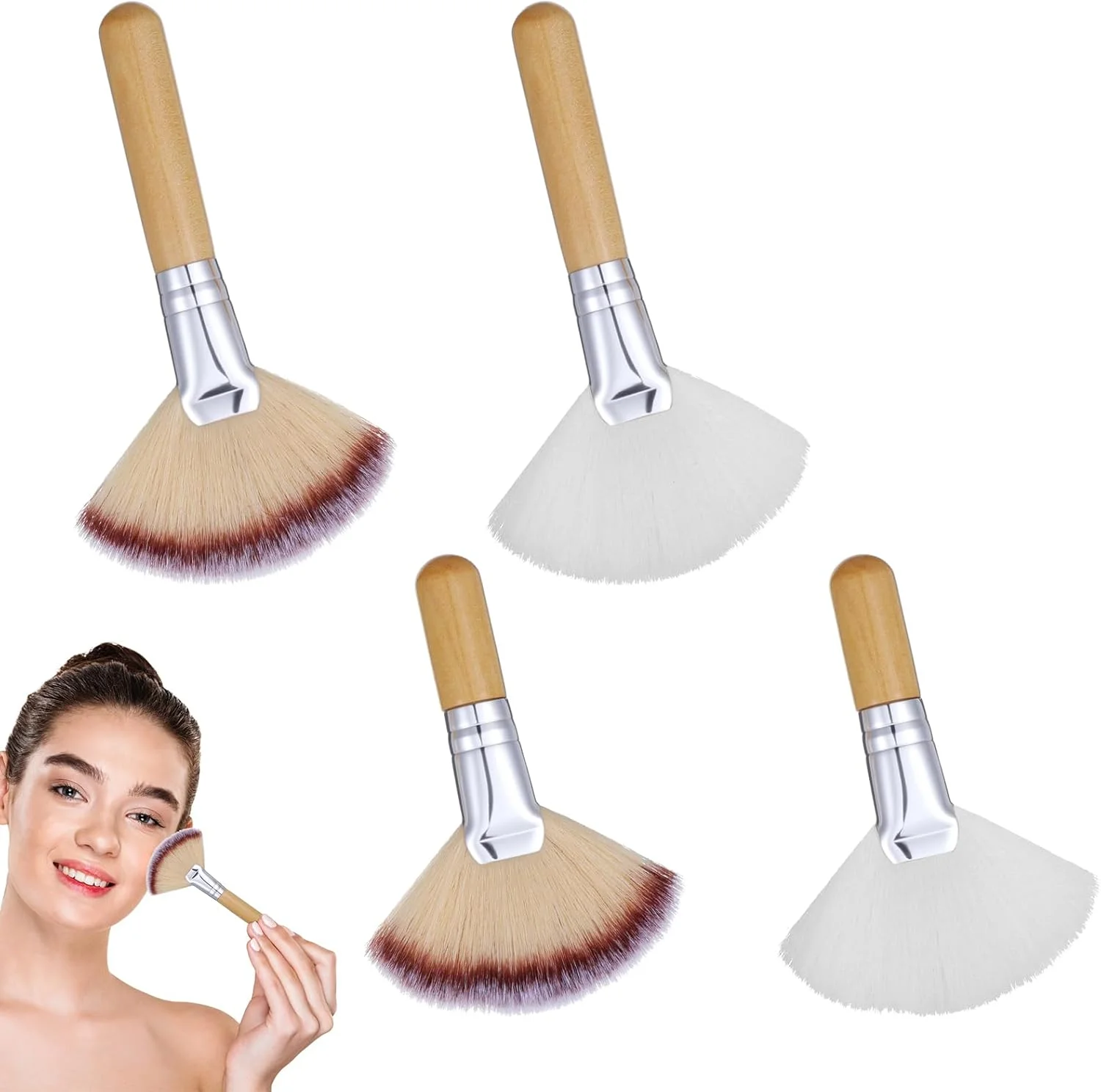 ست 4 عددی برس آرایشی پنکه ای نرم و کرکی، برس های فن مانند مناسب برای متخصصان زیبایی، برس های پخش کننده مواد صورت، برس های هایلایتر، ابزار آرایش صورت برای زنان و دختران، مناسب برای پودر شل و رژگونه