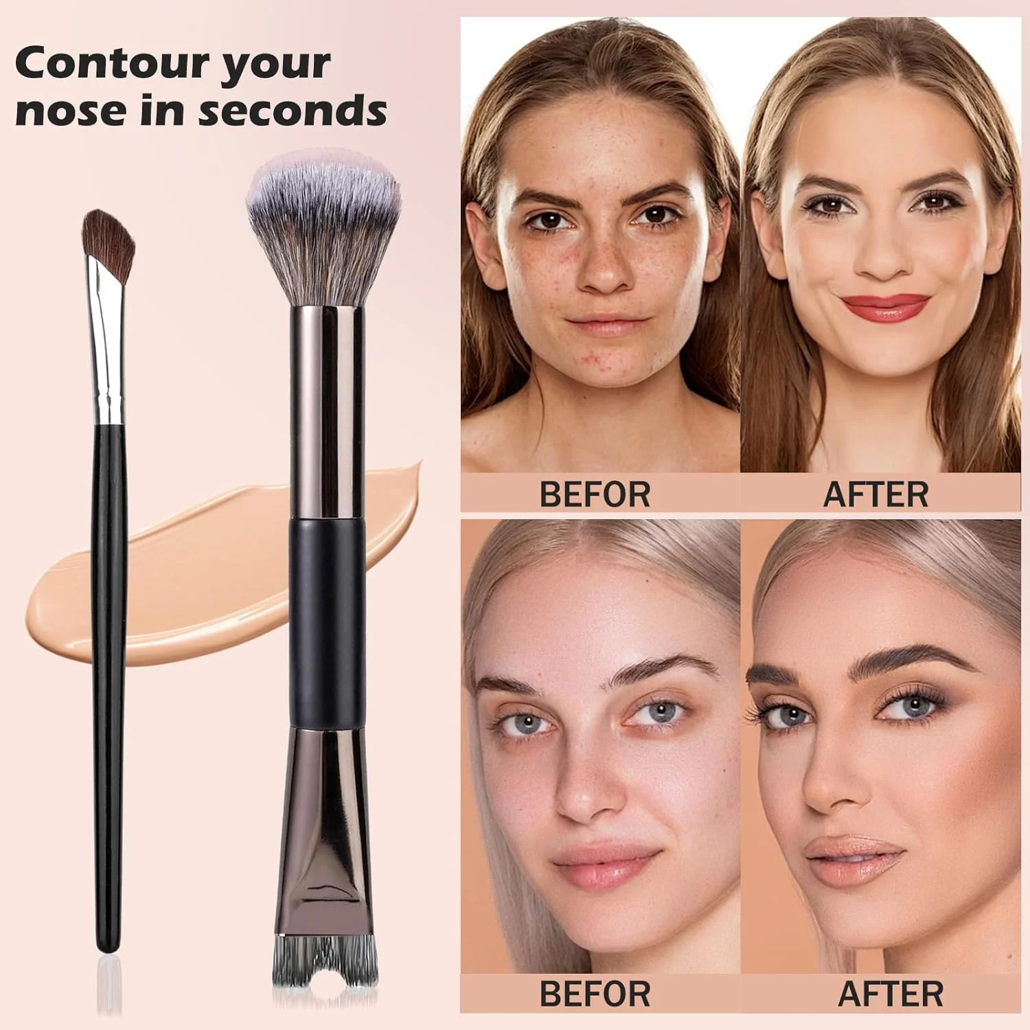 براش کانتور بینی دو سر U شکل 2 در 1، براش های نرم و کرکی، براش های آرایش صورت، 2 عدد براش آرایشی دقیق برای فرم دهی، مشخص کردن و هایلایت بینی