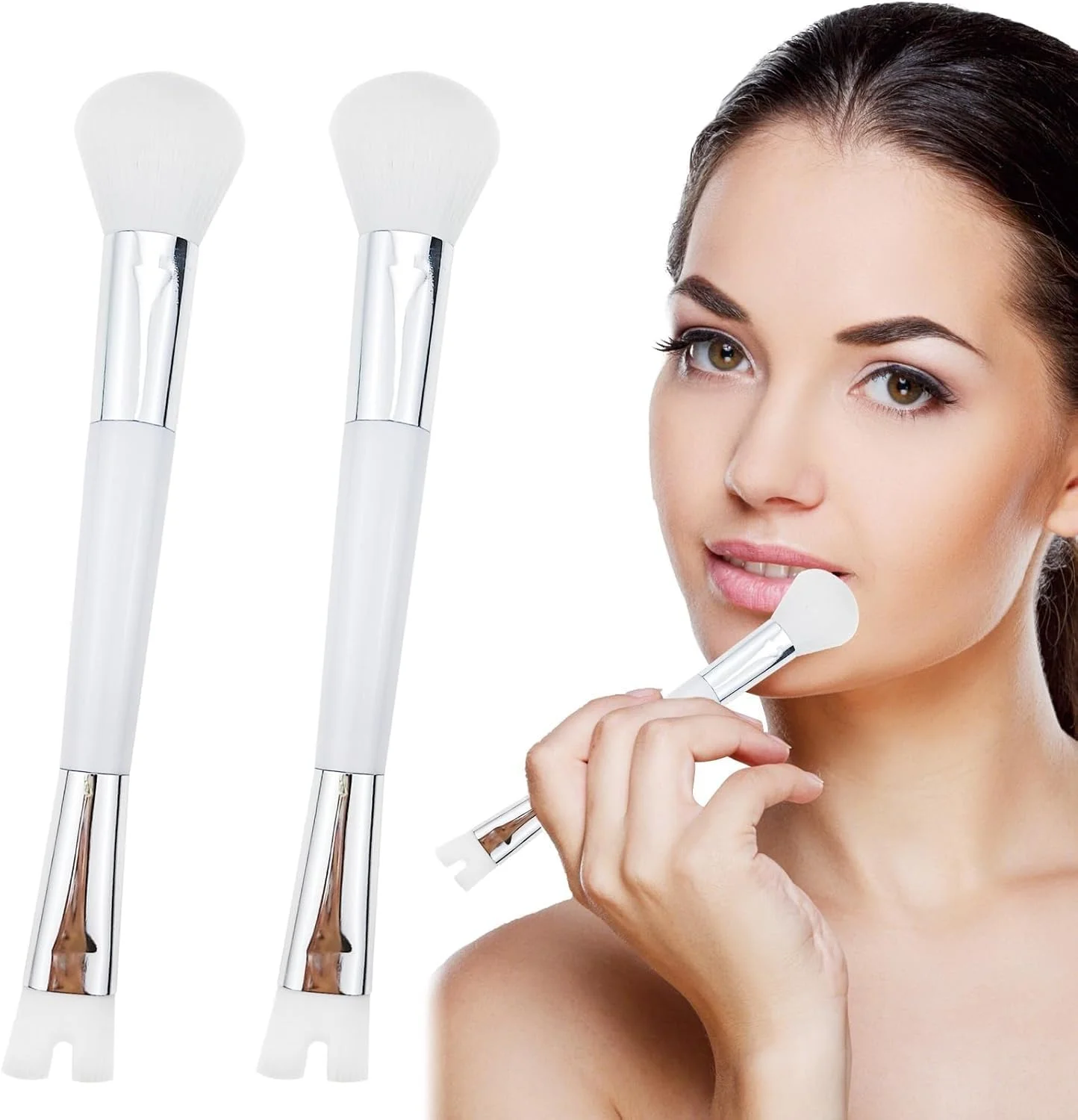 براش کانتور بینی U شکل، براش آرایشی دوگانه 2 در 1، فوق العاده دقیق، موهای نرم مصنوعی، بسته 2 عددی