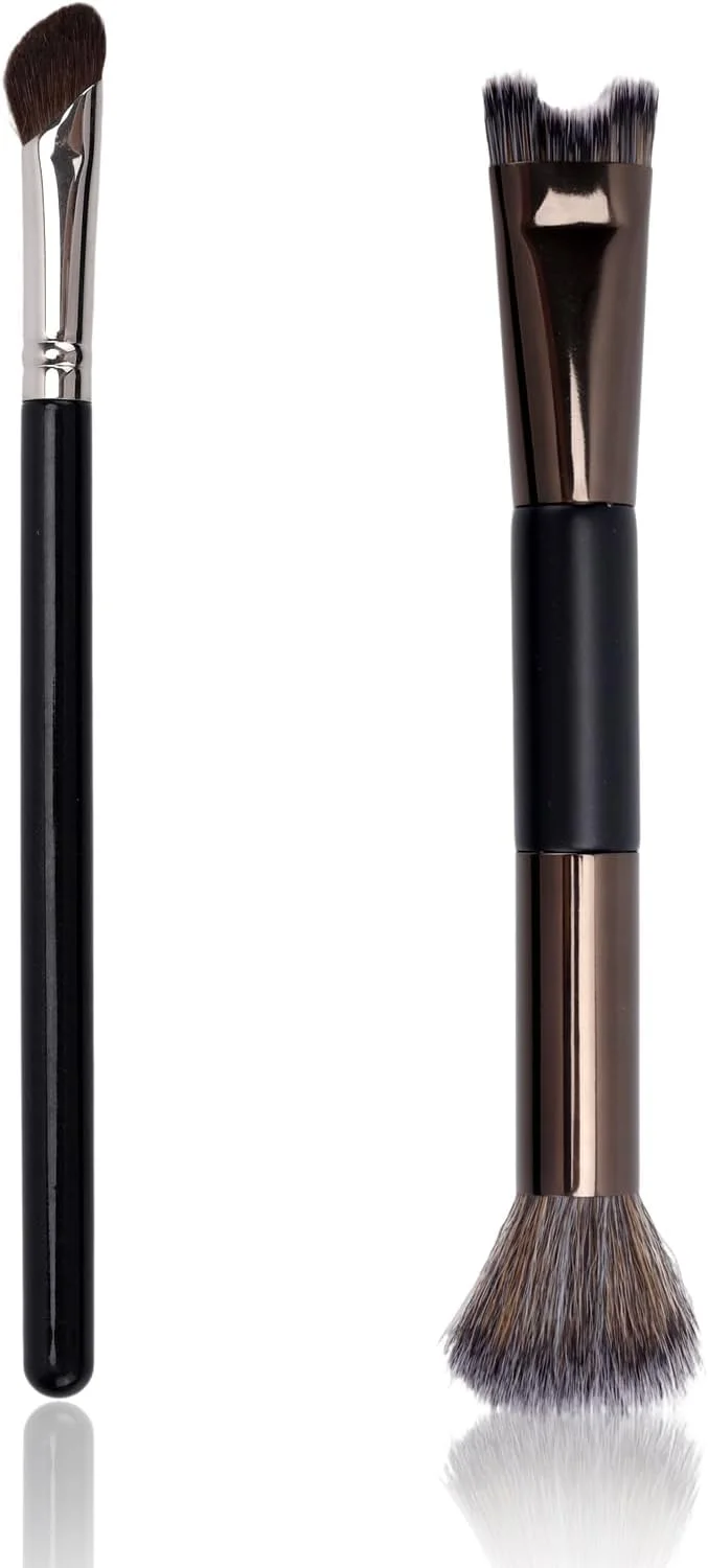 ست برس کانتور بینی 2 عددی، برس کرکی U شکل 2 در 1 و برس مینی شیب دار، مجموعه ابزار آرایشی کاربردی برای فرم دادن، مشخص کردن و هایلایت کردن بینی