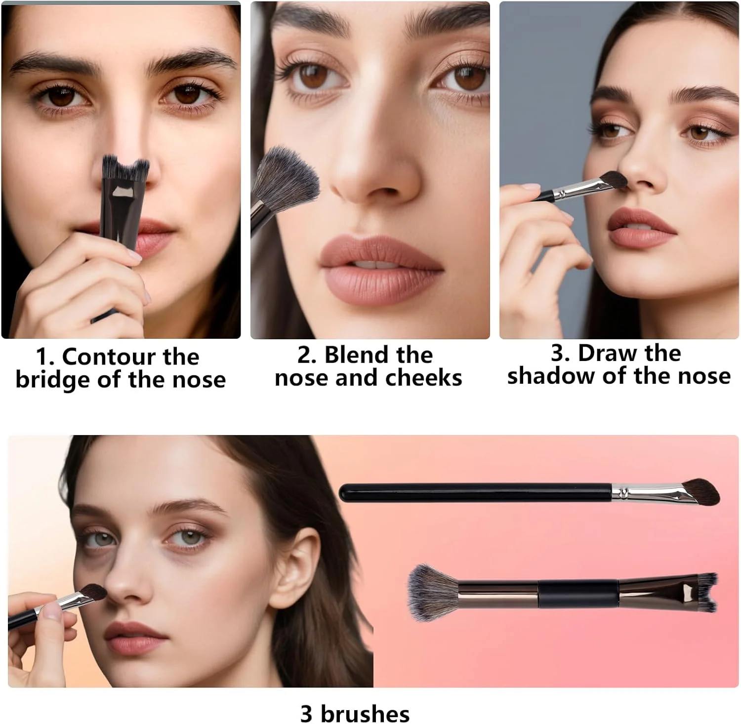 ست برس کانتور بینی 2 عددی، برس کرکی U شکل 2 در 1 و برس مینی شیب دار، مجموعه ابزار آرایشی کاربردی برای فرم دادن، مشخص کردن و هایلایت کردن بینی