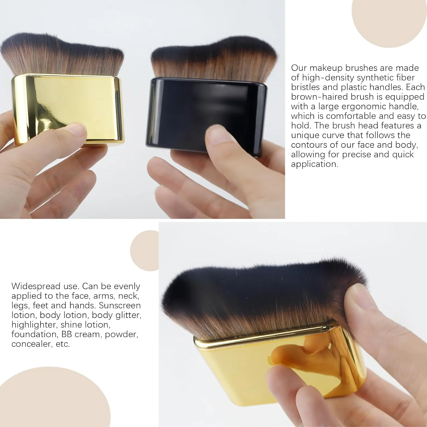 2 عدد برس برنزه کننده خودکار، برس های آرایشی بدن، فونداسیون مایع برای برس برنزه کننده خودکار، اپلیکاتور برنزه کننده خودکار صورت، گردن، بدن، پا (طلایی+مشکی)