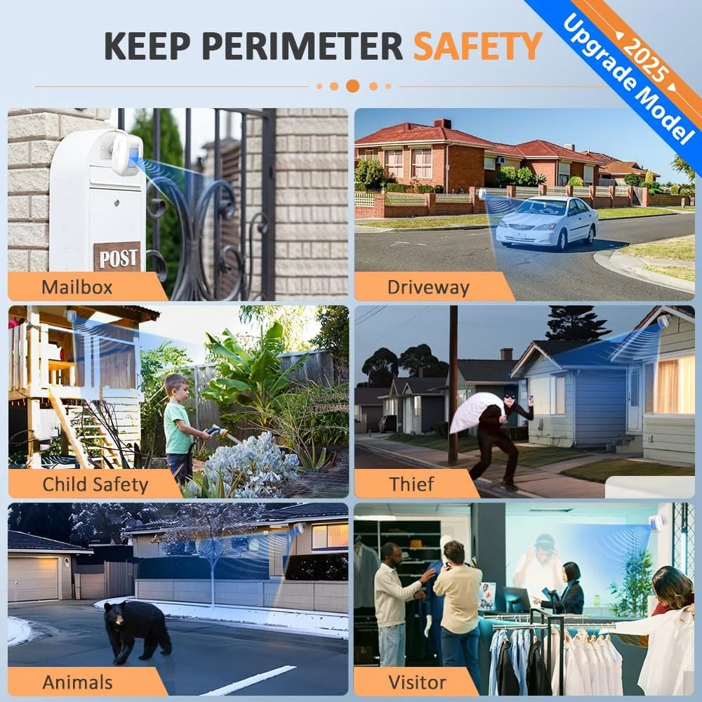 آلارم حرکتی سنسور دار درب منزل FREETIM - آلارم های بی سیم درب منزل، ضد آب، دارای سنسور تشخیص حرکت در فضای باز، آلارم درب، سیستم امنیتی خانه، هشدار درب ورودی و صندوق پستی، 1 گیرنده و 2 سنسور