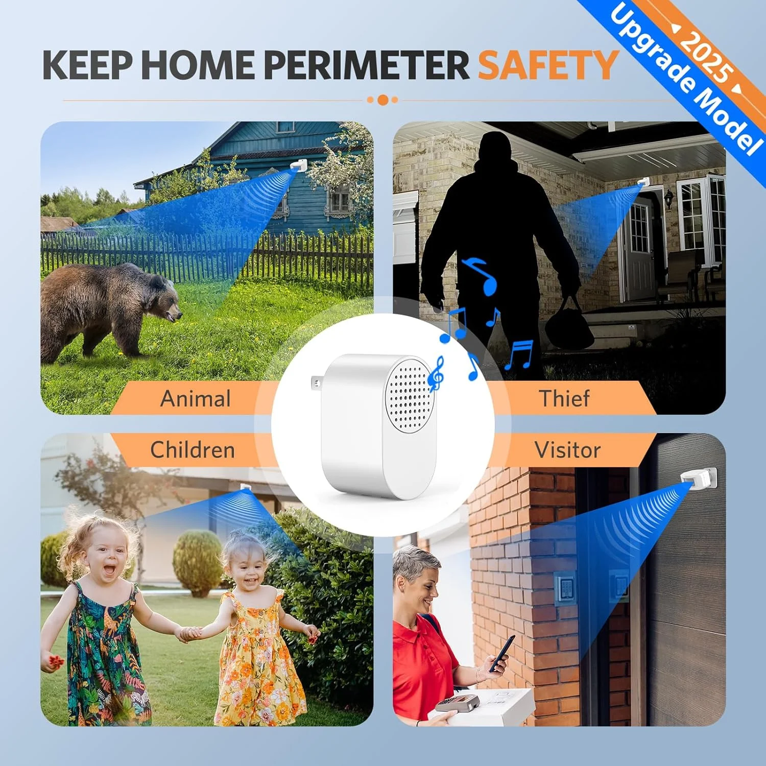 آلارم های درب ورودی بی سیم FREETIM، ضد آب و هوا - سیستم آلارم حسگر حرکتی، گیرنده پلاگین، زنگ های بلند، سیستم مانیتور هشدار امنیتی، برد طولانی 500FT، تشخیص آلارم های فضای باز