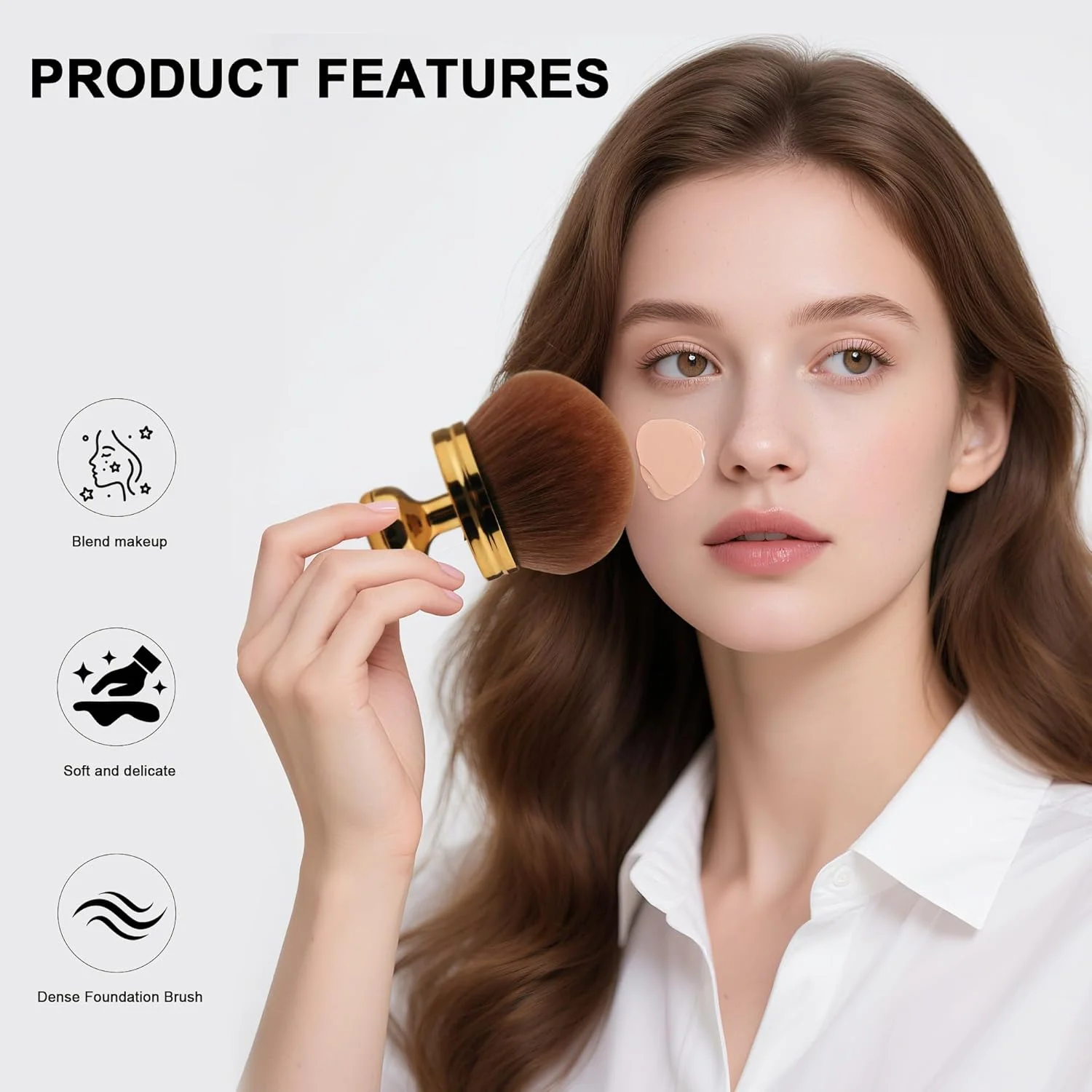 براش آرایشی با دسته طلایی و موهای رنگ پوست - الیاف مصنوعی 3.5 سانتی متری برای برنزه کننده، رژگونه مایع و کرم صورت | شکل گرد دقیق برای پوشش یکنواخت