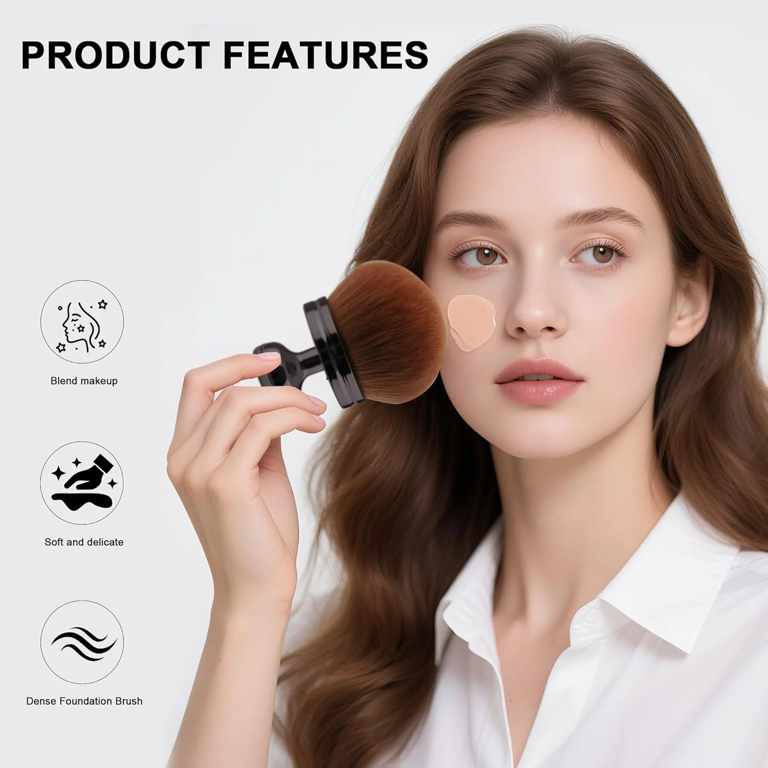 براش آرایشی با دسته مشکی و موهای رنگ پوست - الیاف مصنوعی 3.5 سانتی متری برای برنزه کننده، رژگونه مایع و کرم صورت | شکل گرد دقیق برای کیفیت استودیویی