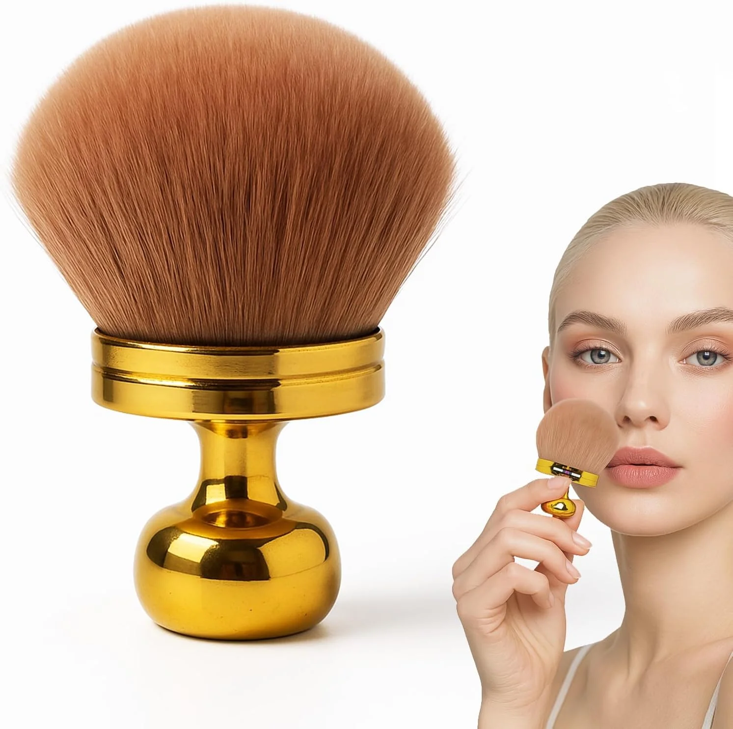 براش آرایشی بزرگ برای بدن، مناسب برای برنزه کردن، براش برای پخش کردن برنزر، براش بیضی شکل برای آرایش صورت و پا به همراه کیف بند دار (طلایی، تک سایز)