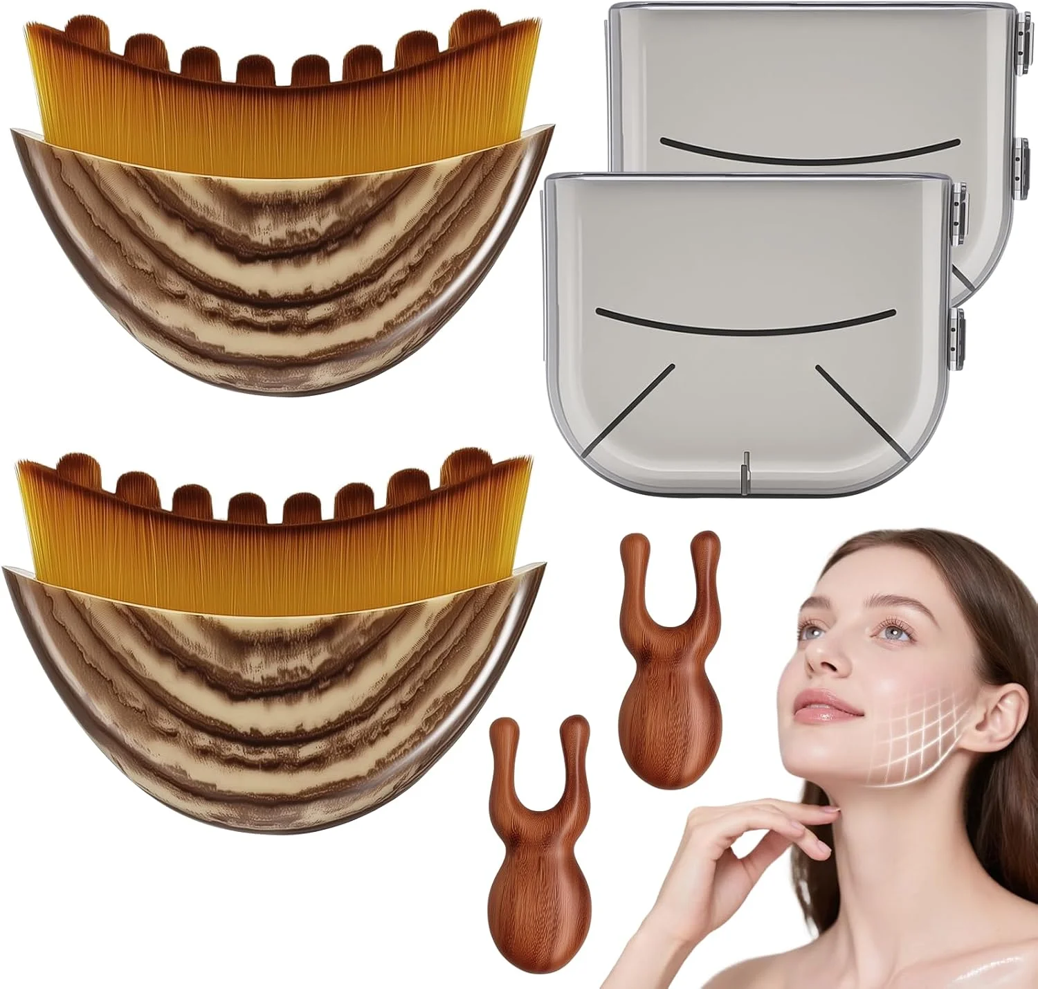 برس کانتور صورت لنفاوی، برس تخلیه لنفاوی، برس خشک صورت با ابزار ماساژ صورت چوبی، ماساژور تخلیه لنفاوی صورت، طراحی شده برای تناسب دقیق با پوست (2+2 عدد)