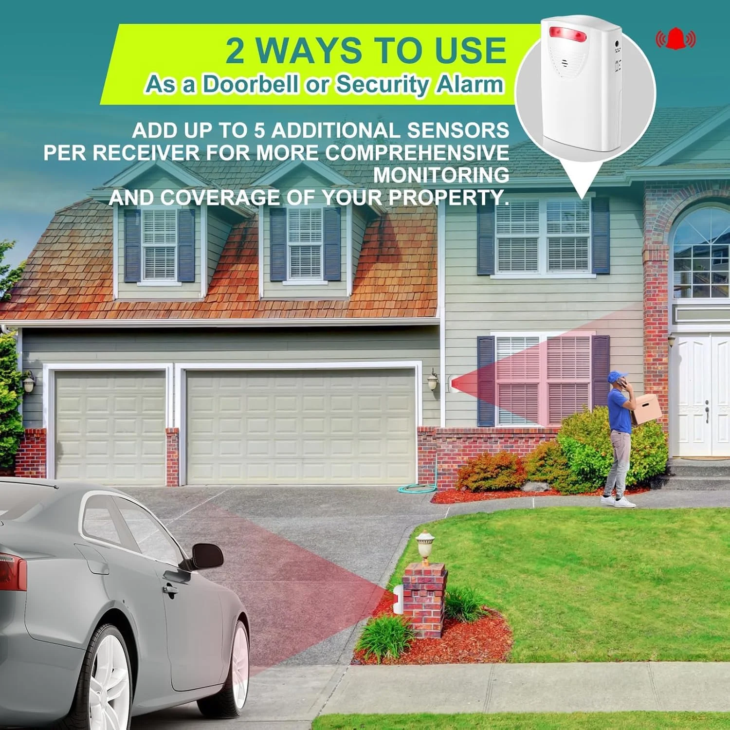 آلارم حسگر حرکتی بی سیم برای مسیر ورودی، آلارم حسگر حرکتی بیرونی با 1 گیرنده و 2 حسگر مادون قرمز ضد آب، سیستم تشخیص هشدار امنیتی داخلی برای خانه، باغ، مزرعه