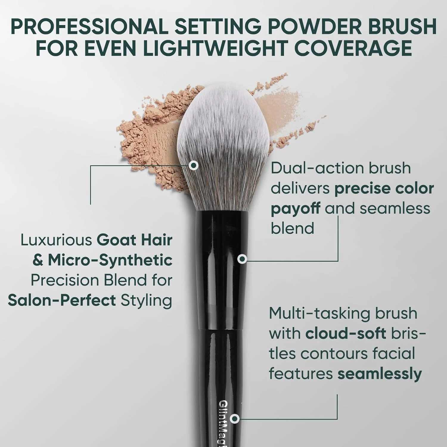 براش پودر حرفه ای GlintMagic+، بهترین براش برای استفاده از پودر فیکس، پودر فشرده، کرم پودر و براش کانتور صورت