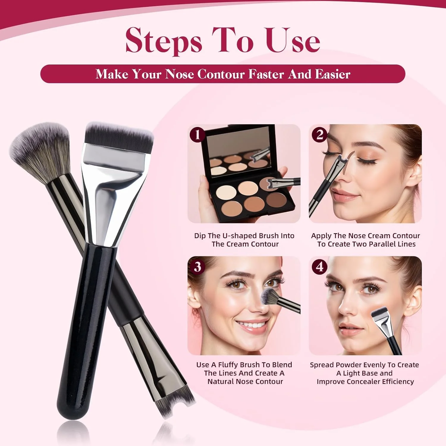 ست براش کانتور بینی GraGra، براش U شکل و کرکی 2 در 1، ست 2 عددی براش آرایشی، براش های آرایشی کانسیلر فونداسیون تخت برای رژگونه و سایه بینی (براش دو سر و براش یک کلمه ای)