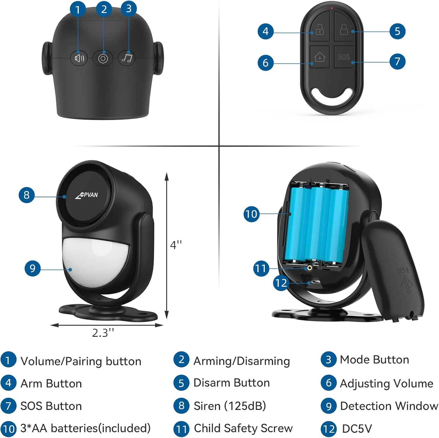 آلارم سنسور حرکتی داخلی CPVAN با آژیر، سیستم دزدگیر PIR مادون قرمز بی سیم، کارکرد با باتری، 125dB قابل تنظیم، کنترل از راه دور برای خانه/گاراژ/ون/سوله/فروشگاه. (مشکی)