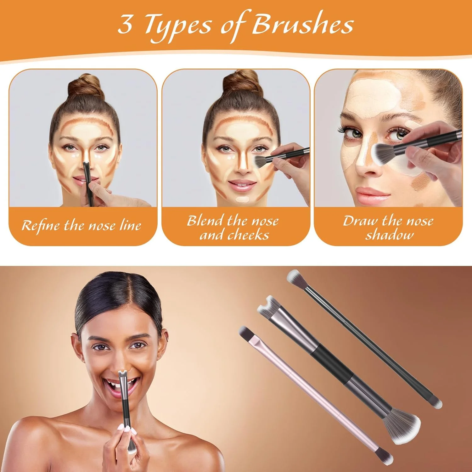 ست برس کانتور بینی 3 عددی، برس های دو طرفه U شکل و کرکی 2 در 1 برای فرم دهی، مشخص کردن و شکل دادن به استخوان گونه و کانتور بینی ست برس کانتور بینی 3 عددی، برس های دو طرفه U شکل و کرکی 2 در 1 برای فرم دهی، مشخص کردن و شکل دادن به استخوان گونه و کانتور بینی