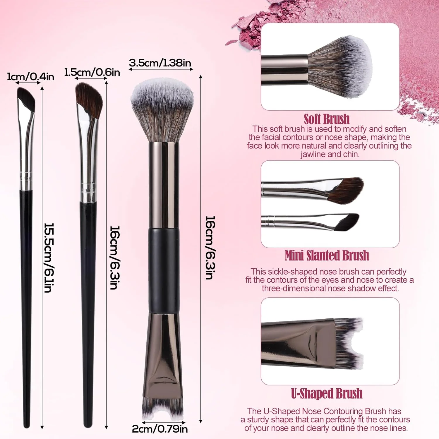 ست 3 عددی براش کانتور بینی، براش های کانسیلر آرایشی زاویه دار U شکل دو طرفه 2 در 1 برای فرم دادن، پنهان کردن، مجسمه سازی و هایلایت بینی
