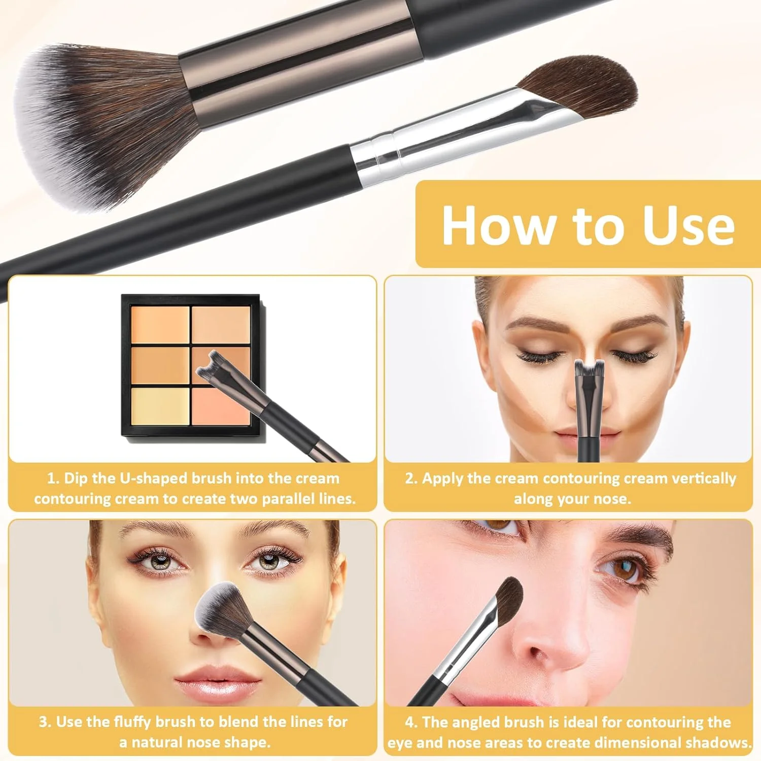 براش کانتور بینی Ajcotahm، براش دو طرفه بینی 2 در 1، براش های کرکی زاویه دار و U شکل برای کانتورینگ، هایلایت و مشخص کردن کانتور بینی