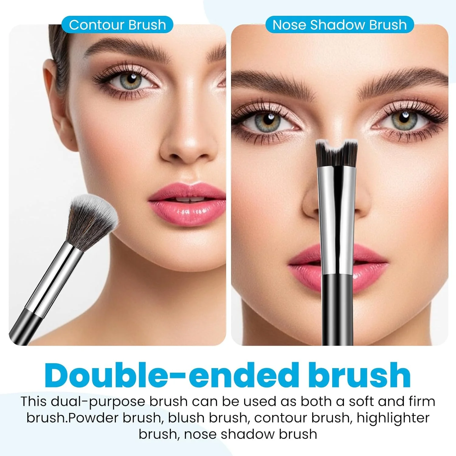 براش کانتور بینی 2 در 1، براش مجسمه سازی بینی U شکل و رژگونه دو طرفه، براش های کانتورینگ نرم، براش زاویه دار دقیق برای مشخص کردن استخوان گونه، هایلایت، پودر، کانتور، مناسب برای مبتدیان آرایش (مشکی)