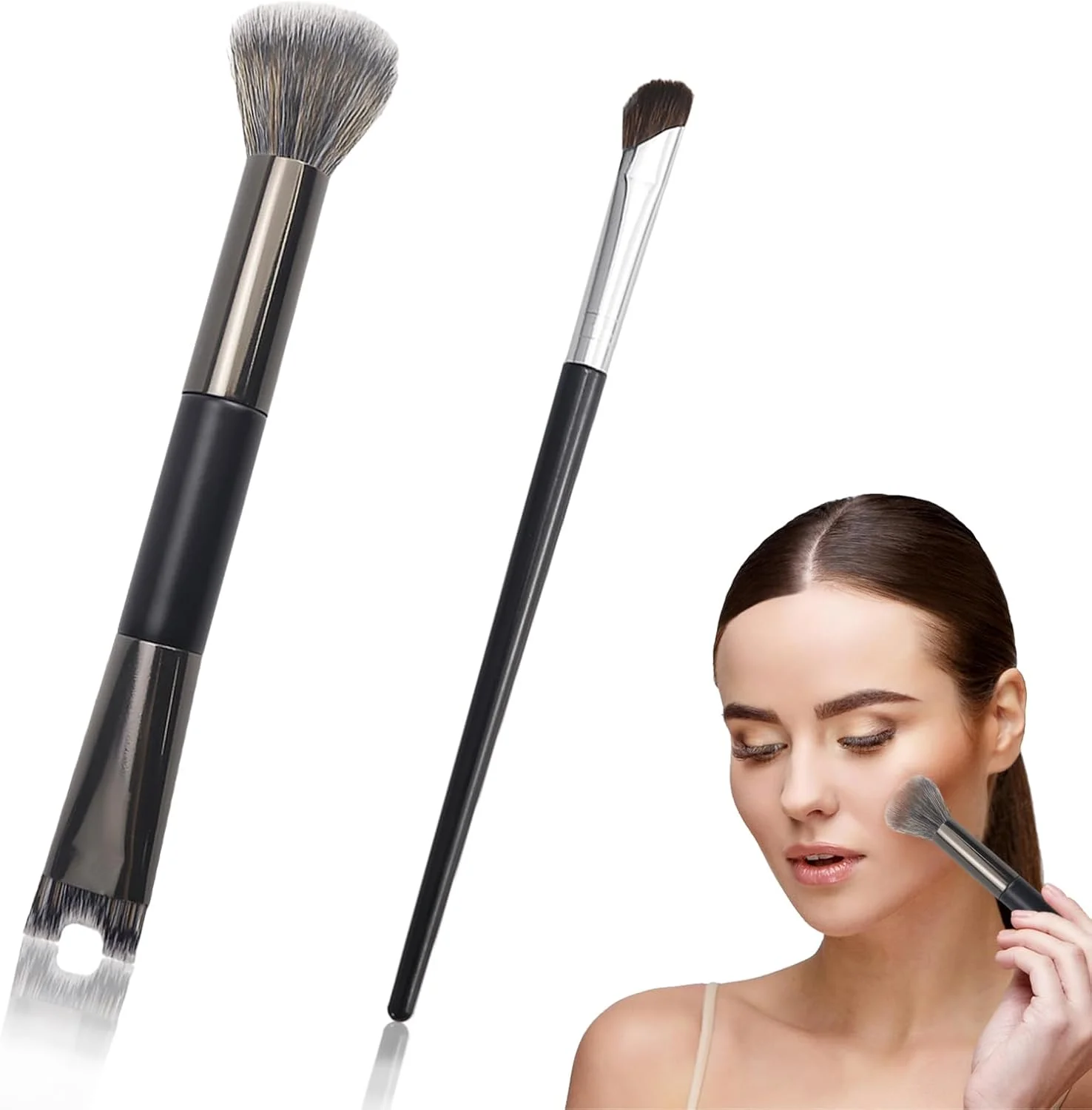 ست 2 عددی براش کانتور بینی، براش کرکی U شکل 2 در 1، ست براش های زاویه دار دو طرفه ابزار آرایشی کاربردی برای فرم دهی و مشخص کردن بینی (مشکی)