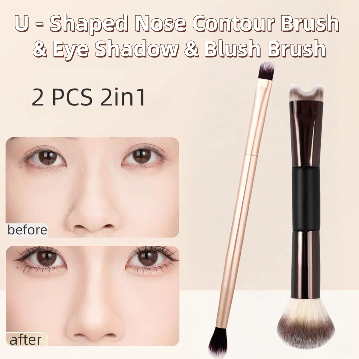 ست برس کانتور بینی 2 عددی، برس U شکل 2 در 1 و برس کرکی مدل ارتقا یافته 2025، برس سایه چشم و بینی دو طرفه برای آرایش، ست برس سایه چشم/گونه/رژگونه دوتایی